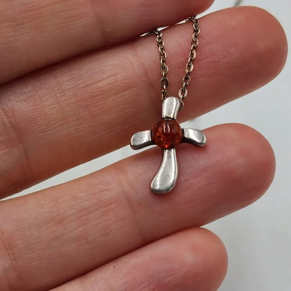 Vintage Dainty Sterling Silver Genuine Amber Center Cross Pendant 18